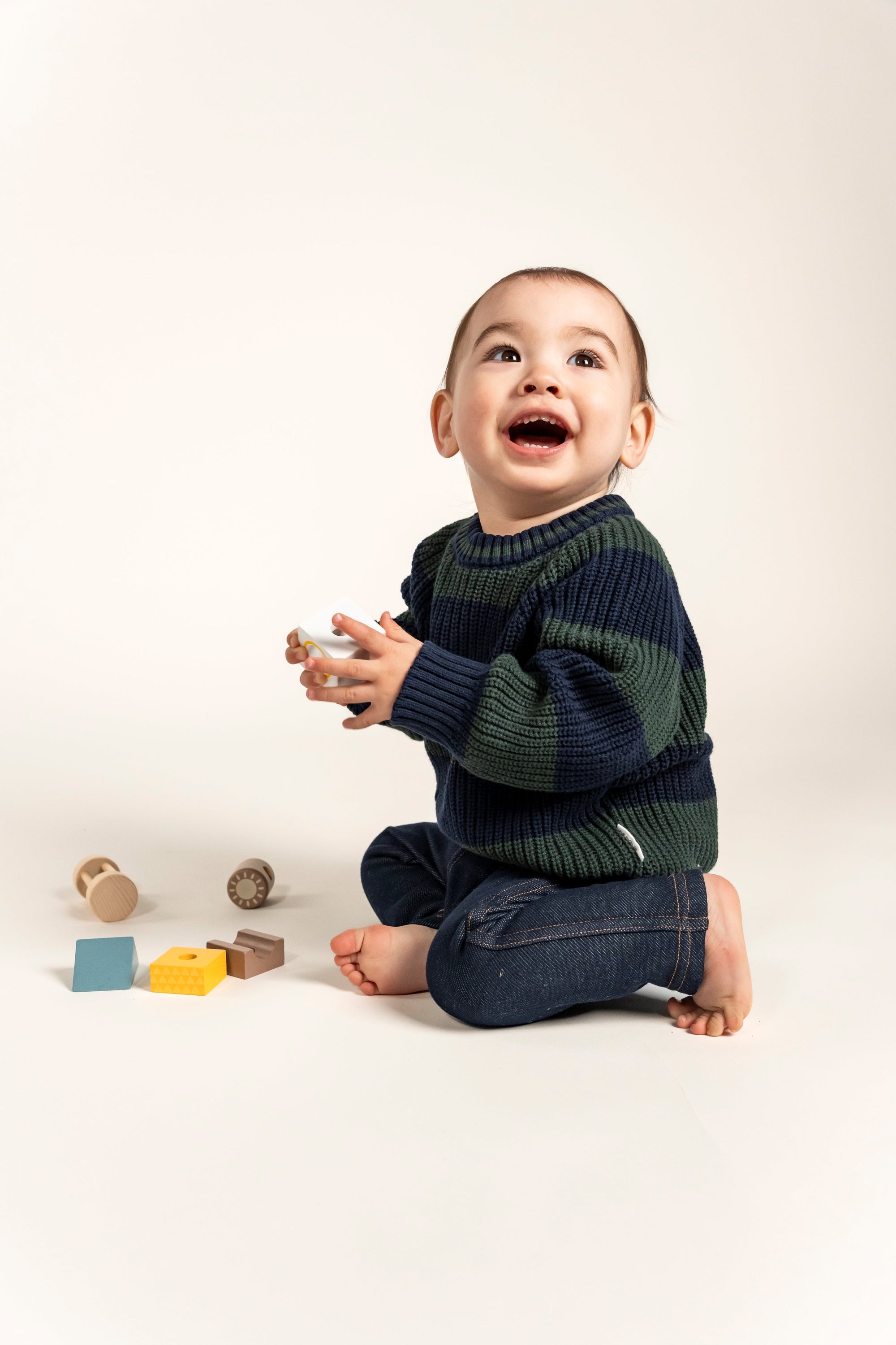 Adorable Navy &amp; Forest Green Striped Knit Jumper for toddlers, featuring a cozy cotton blend perfect for fall and winter layering. Soft, breathable, and stylish for everyday wear, keeping your little one warm.