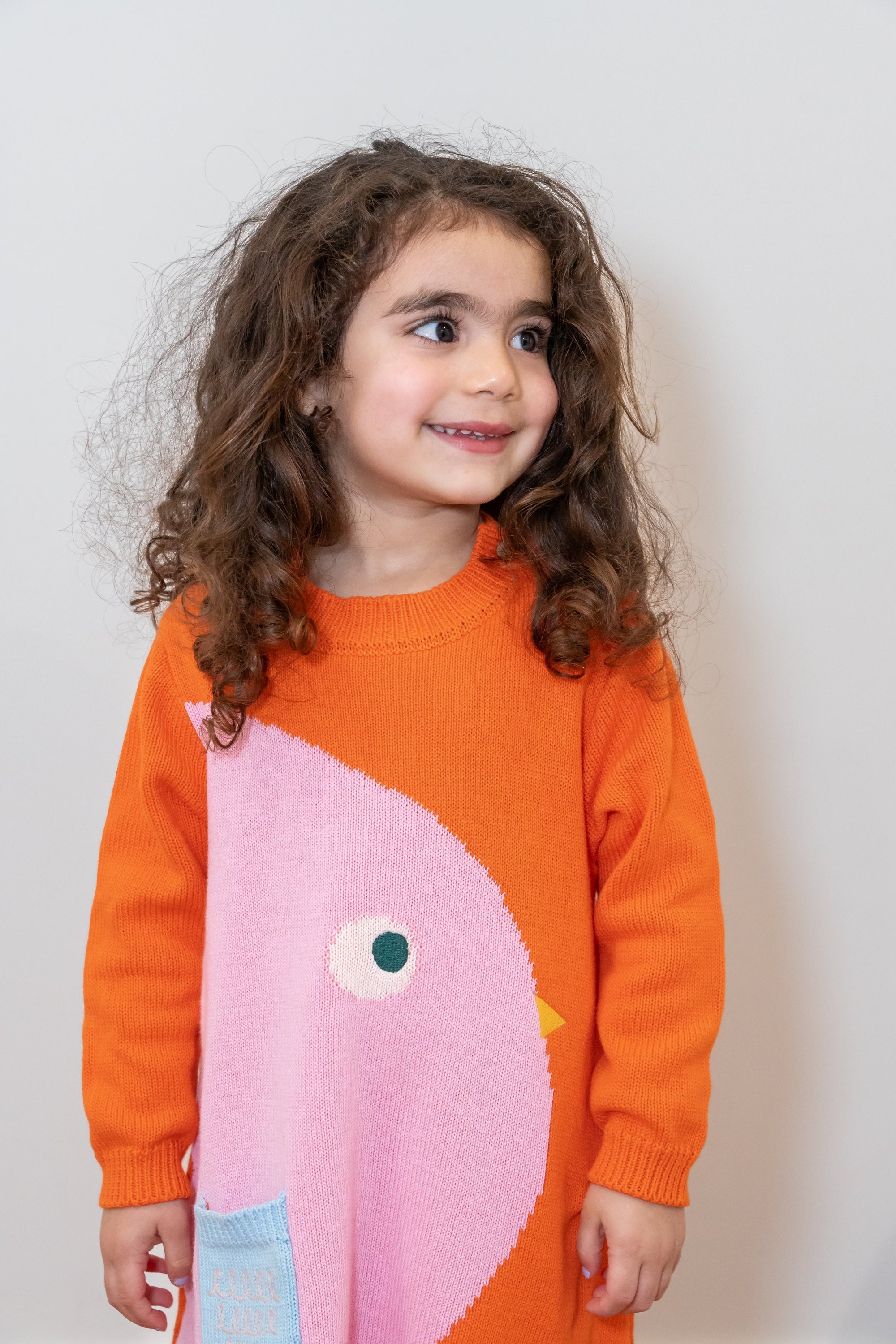 Toddler girl wearing Chirpy Bird Cotton Knitted Sweater Dress in bright orange with a pink bird design and pocket. Cozy, long-sleeve, soft cotton dress perfect for fall and winter. Ideal for playful outfits.