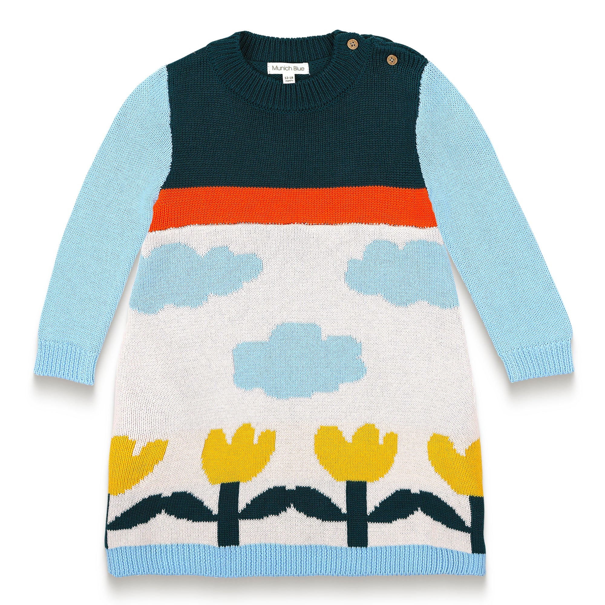 Cloudy Daydream Cotton Knitted Sweater Dress features a vibrant design with light blue sleeves, cloud patterns, yellow tulips, and a soft cotton blend. Long-sleeved, perfect for toddlers in cooler weather.