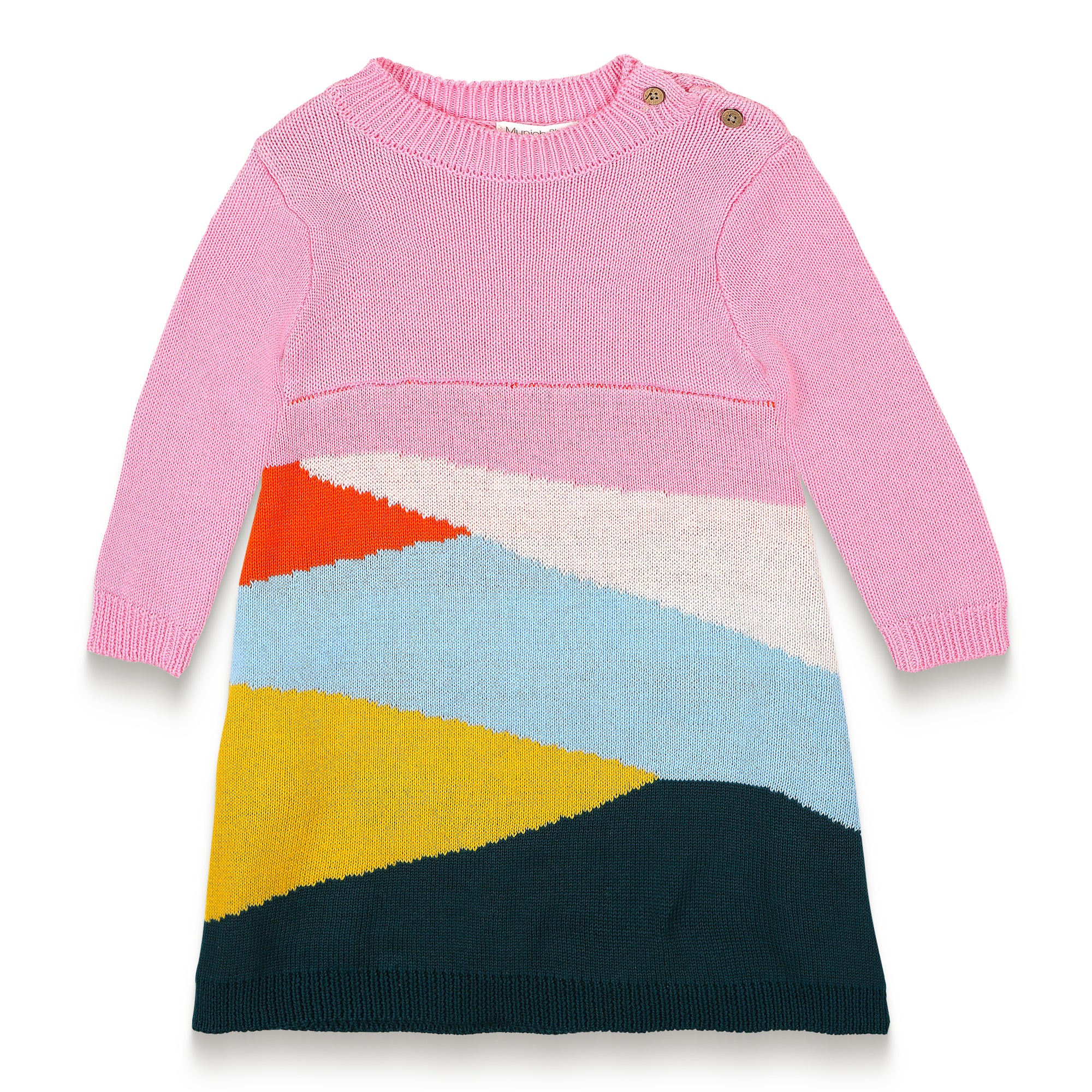 Serenity Skies Cotton Knitted Sweater Dress features pink long sleeves and vibrant geometric patterns in blue, yellow, orange, and green. Soft, cozy cotton perfect for toddlers&#39; casual fall/winter outfits.