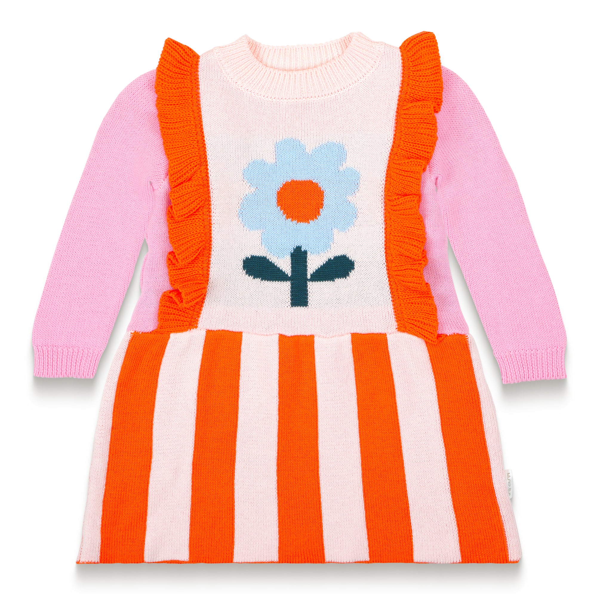 Petal Playtime Cotton Knitted Dress features vibrant pink sleeves, orange stripes, ruffled details, and a bold blue flower design. Soft, cozy, and long-sleeved, perfect for toddlers&#39; fall/winter outfits.