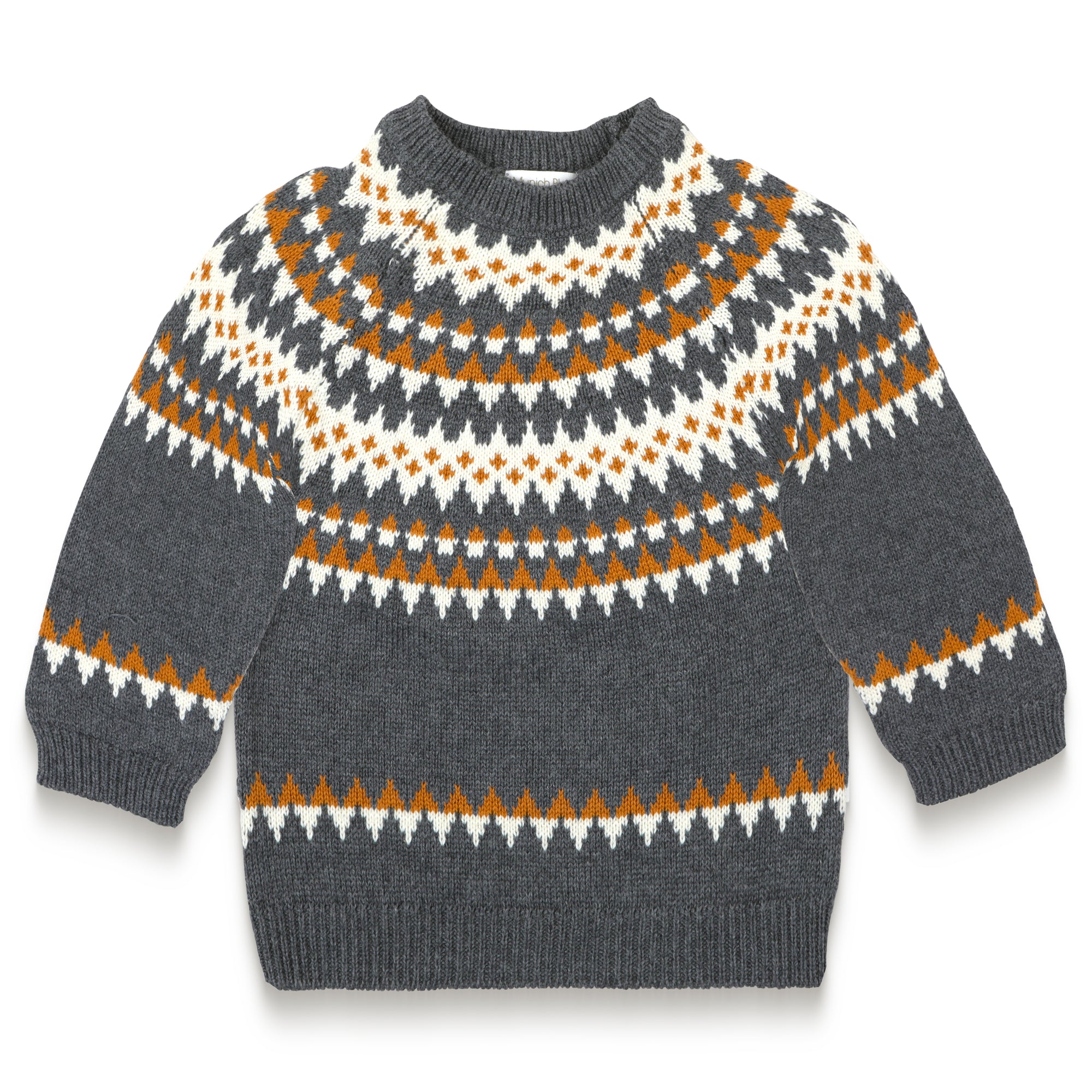 Fair Isle Sweater Jumper in dark grey with white and orange geometric patterns, long sleeves, and soft, cozy cotton fabric. Perfect for toddlers&#39; fall/winter outfits, providing warmth and style.