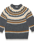 Fair Isle Sweater Jumper in dark grey with white and orange geometric patterns, long sleeves, and soft, cozy cotton fabric. Perfect for toddlers' fall/winter outfits, providing warmth and style.