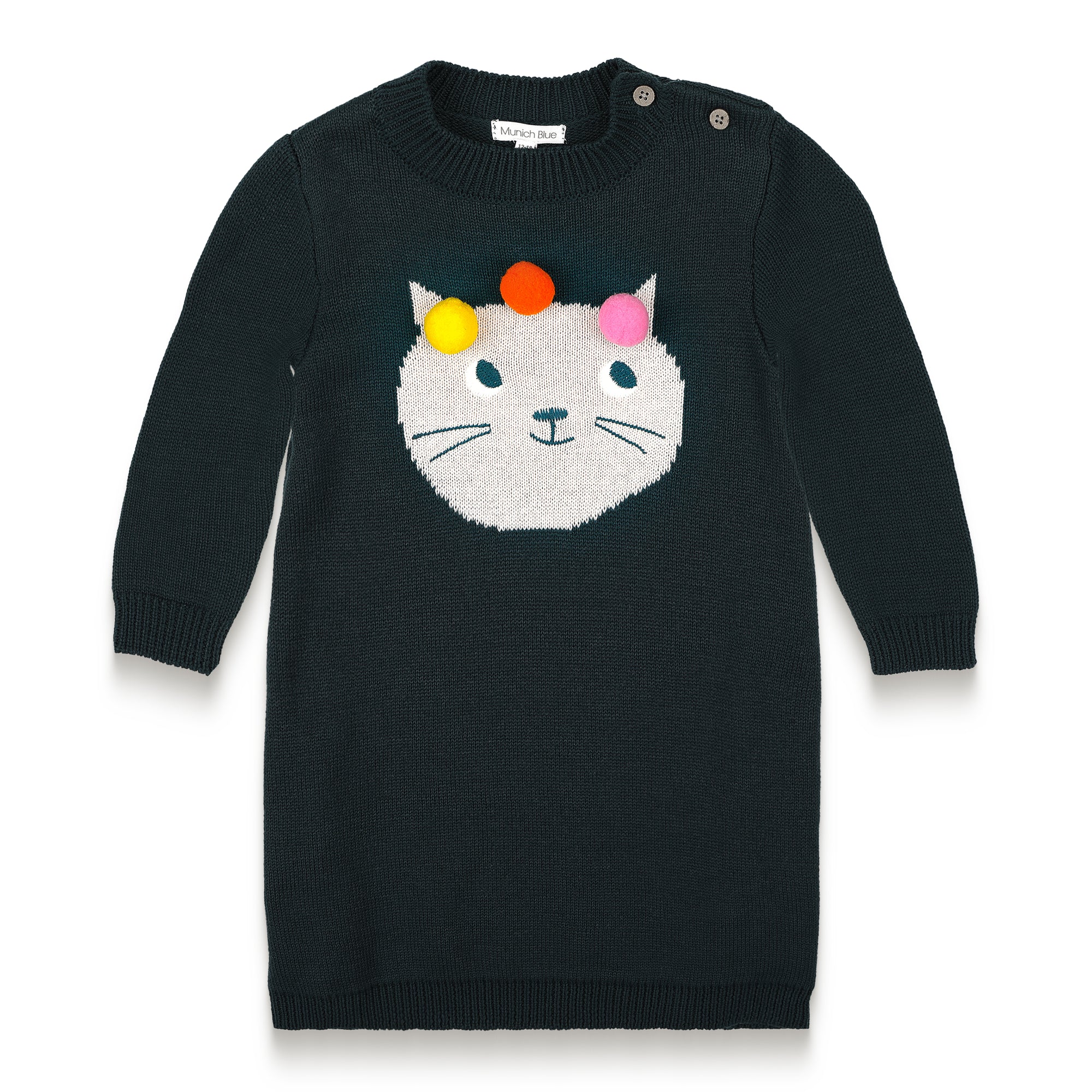 Pompom Wonderland Cotton Knitted Sweater Dress features a cute white cat design with colorful pom-poms on a dark green background. Long-sleeved, cozy, soft cotton perfect for toddlers&#39; fall/winter outfits.