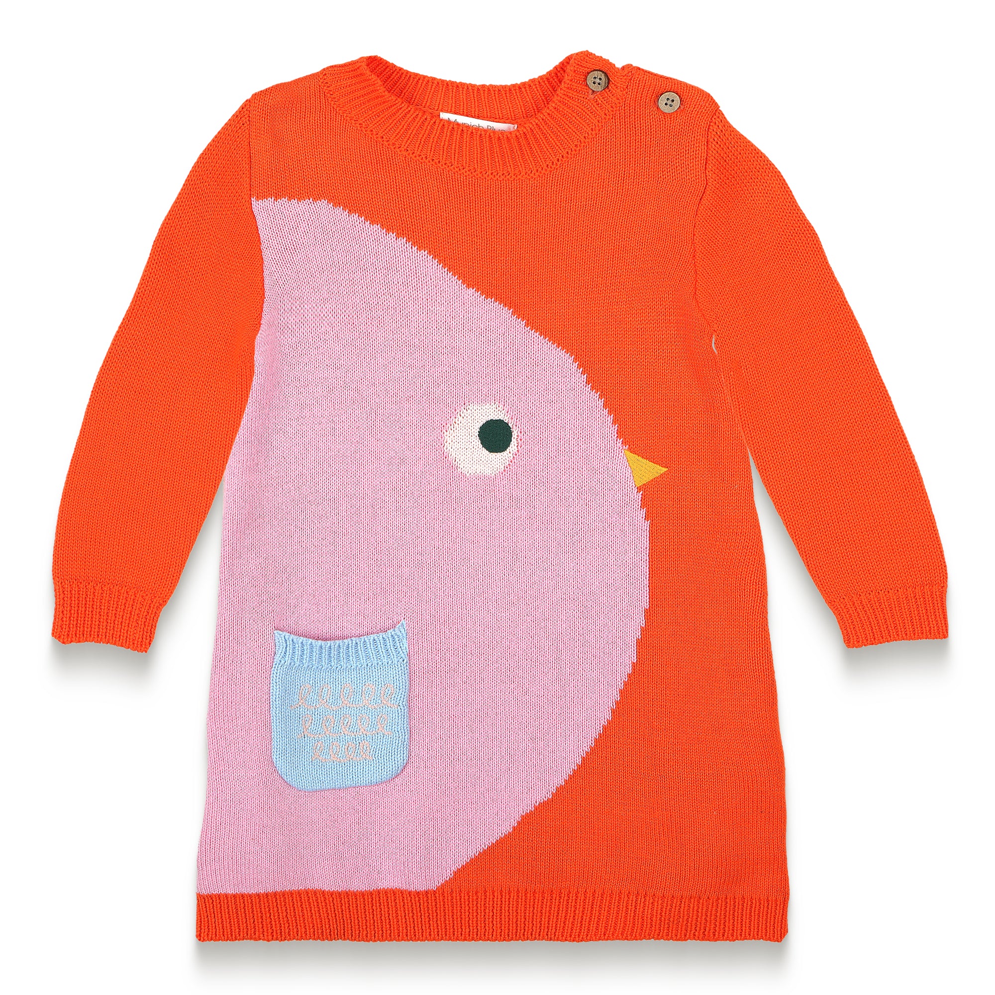 Chirpy Bird Cotton Knitted Sweater Dress in bright orange with a pink bird graphic and front pocket. Long-sleeved, soft, and cozy cotton fabric, perfect for toddlers during fall and winter seasons.