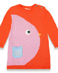 Chirpy Bird Cotton Knitted Sweater Dress in bright orange with a pink bird graphic and front pocket. Long-sleeved, soft, and cozy cotton fabric, perfect for toddlers during fall and winter seasons.