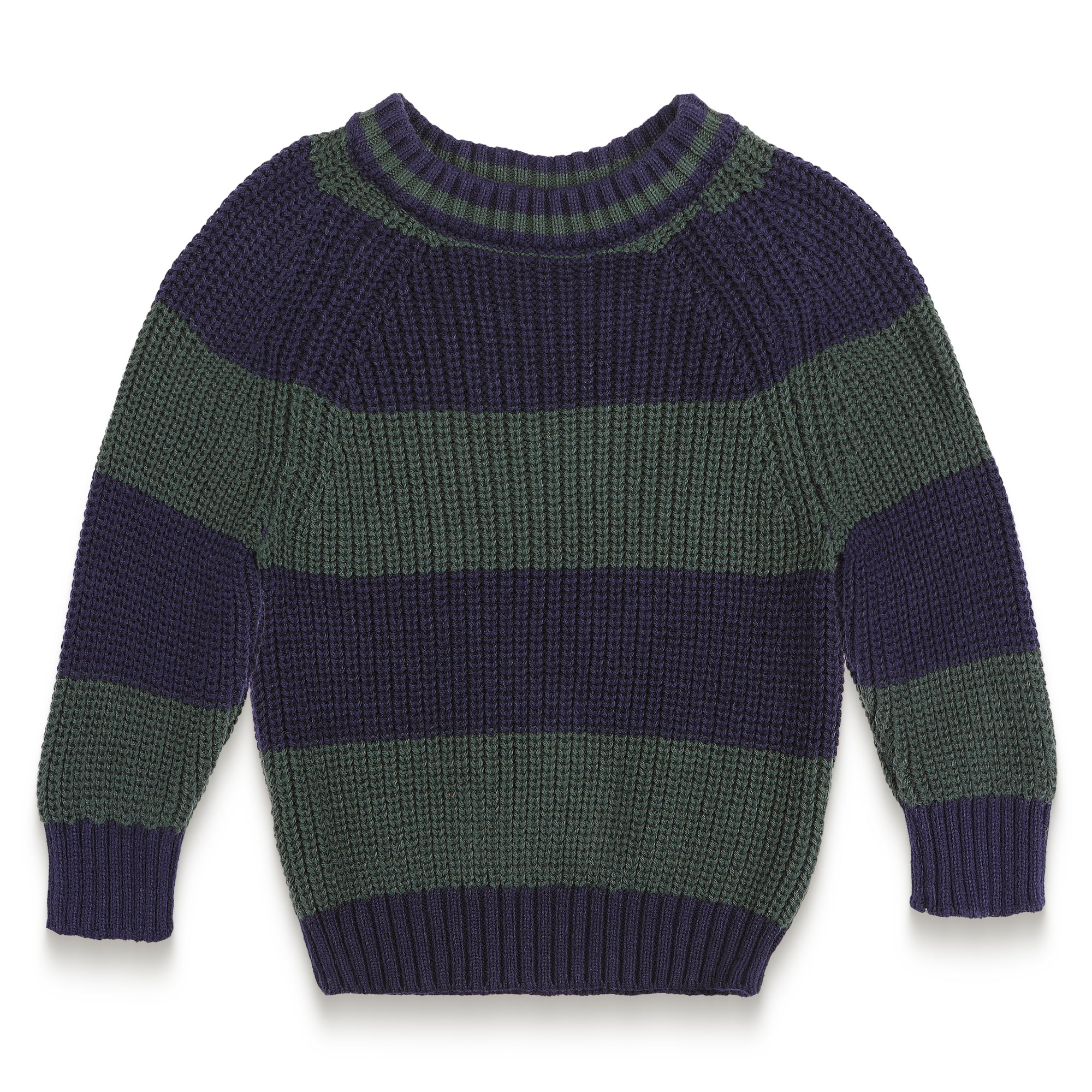 Classic Navy & Forest Green Striped Knit Jumper made from 100% soft cotton. This warm and stylish sweater features bold horizontal stripes, perfect for cozy days. Ideal for casual and cool-weather outfits.