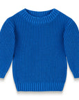 Bright and cozy Sky Blue Cotton Knit Jumper featuring a ribbed neckline, cuffs, and hem. Perfect for keeping little ones warm in style, crafted from soft, breathable cotton. Ideal for everyday wear.