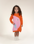 Chirpy Bird Cotton Knitted Sweater Dress for toddlers features vibrant orange and pink colors with a cute bird design, long sleeves, and a soft fabric ideal for fall. Perfect cozy outfit for little girls.